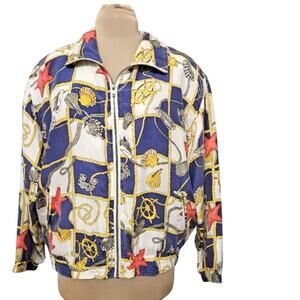 Mureli Silk‎ Jacket L Nautical Starfish Seashell Captains Wheel Sailor Full Zip